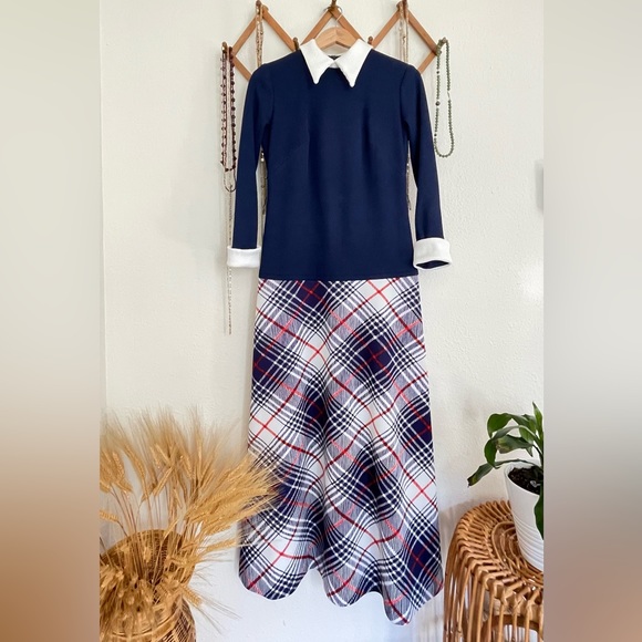 1970s Vintage Blue Plaid Polyester Maxidress with White Dagger Collar - Picture 1 of 11